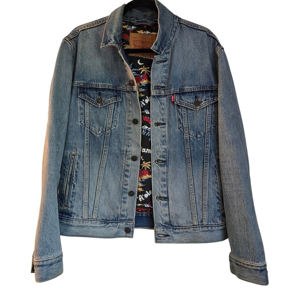 Levi Strauss & Co Denim Jacket Aloha Print Lined Blue Medium Wash Trucker - Picture 1 of 16